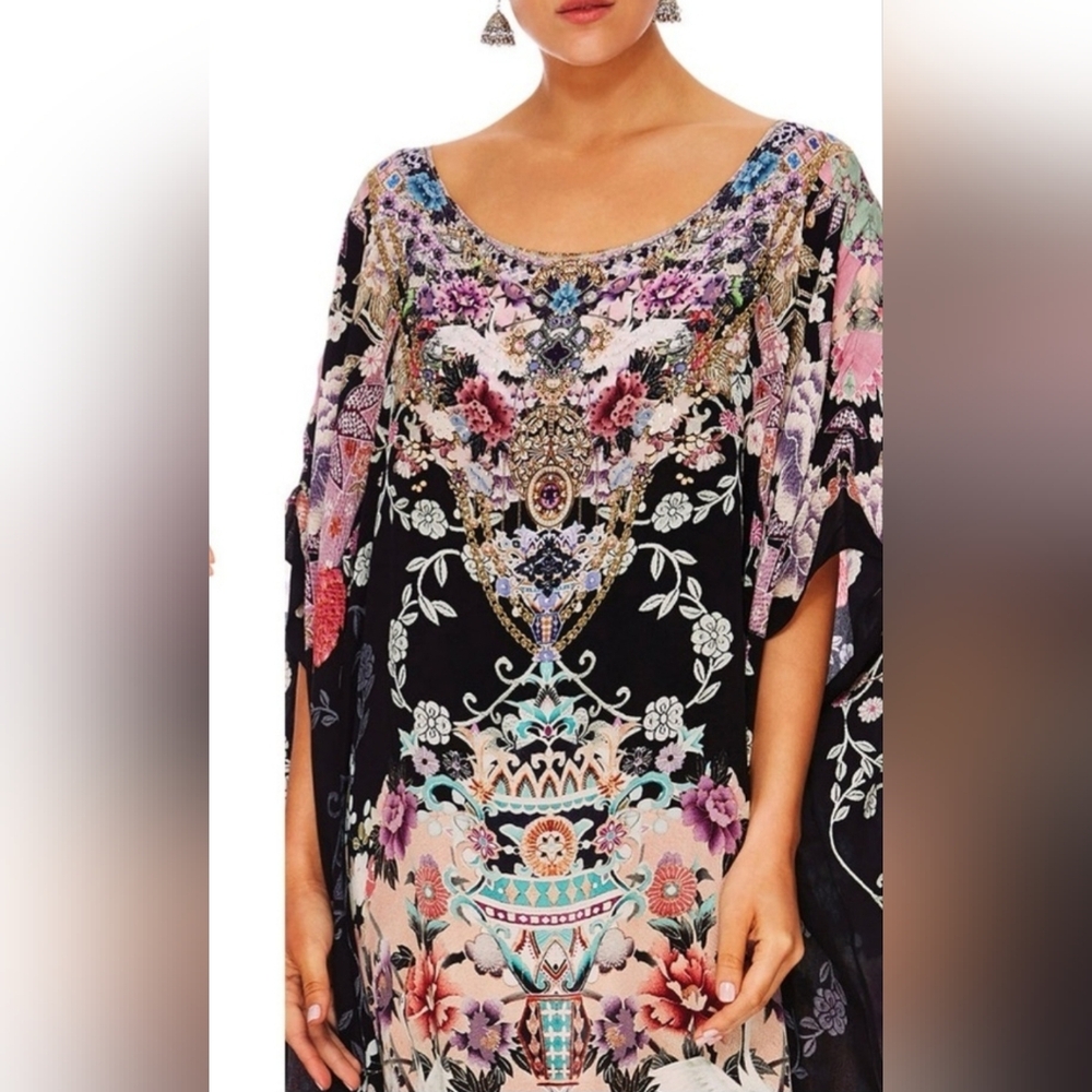 Camilla Kaftan Jewel Maxi Black Purple Multicolor Batwing Sleeve  92% Viscose